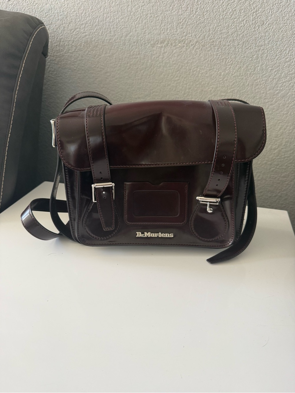 Dr. Martens Burgundy Leather Messenger Bag with Silver Hardware